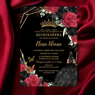 Red Black Roses Floral Dress Gold Quinceañera XV Invitation