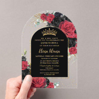 Red Black Roses Floral Quinceanera Sweet 16 Arch Acrylic Invitations