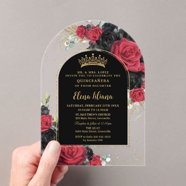 Red Black Roses Floral Quinceanera Sweet 16 Arch Acrylic Invitations (Insitu (Handheld))