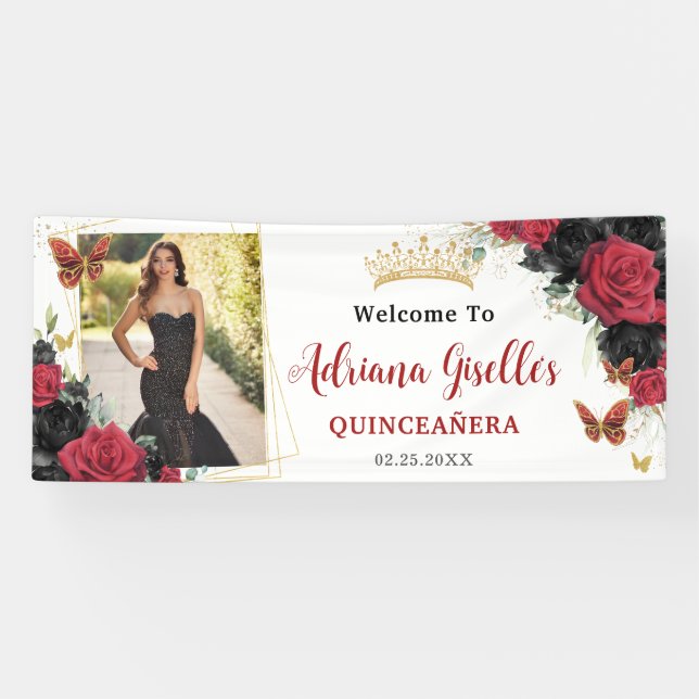Red Black Roses Floral Quinceañera Sweet 16 Photo Banner (Horizontal)