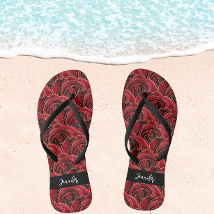Red black roses flowers name script jandals
