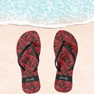 Red black roses flowers name script jandals