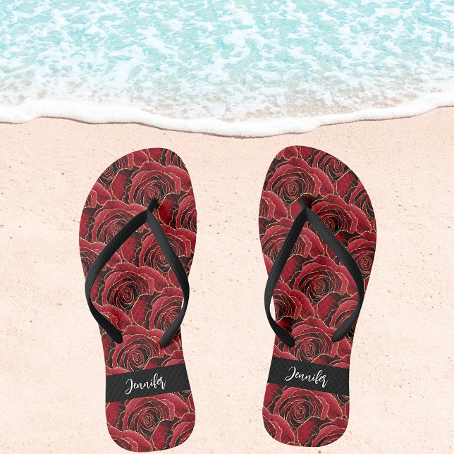 Red black roses flowers name script jandals (Creator Uploaded)