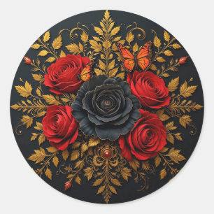 Red & Black Roses Romantic Bloom 🌹🖤✨ Classic Round Sticker