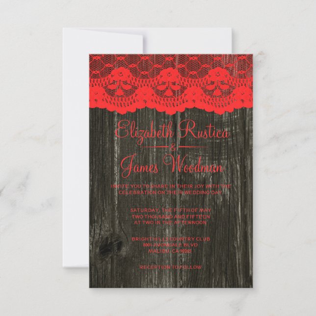 Red & Black Rustic Lace Wood Wedding Invitations (Front)