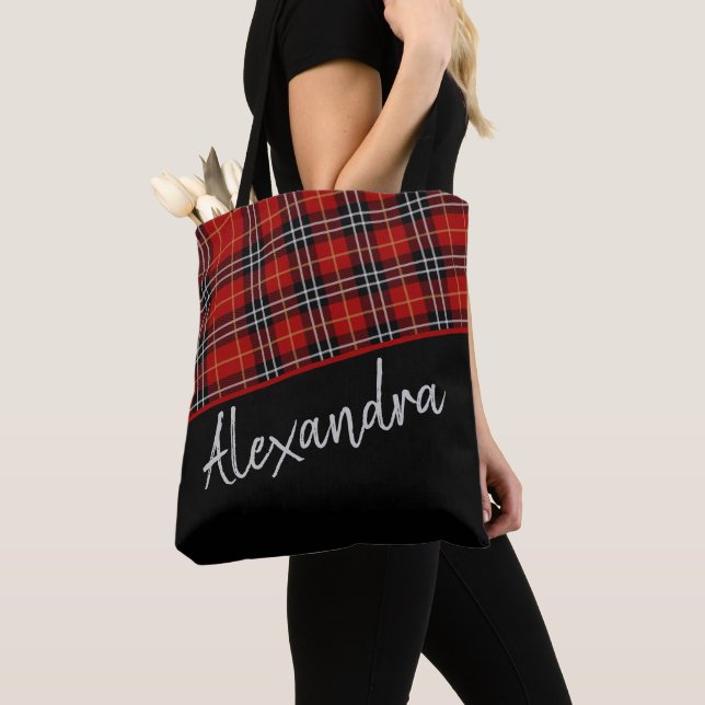 Red Black Scottish Tartan Pattern Personalised Tote Bag (Close Up)