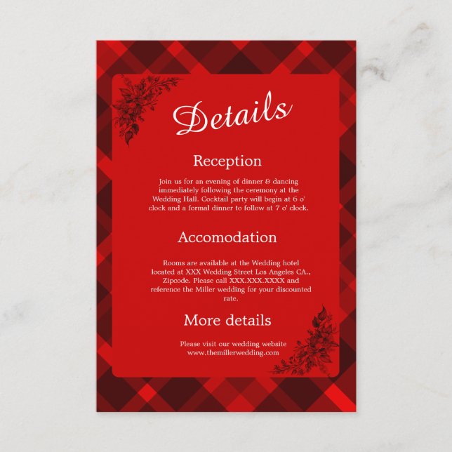 red black scottish wedding pattern  enclosure card (Front)