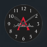 Red Black Script Girly Monogram Name<br><div class="desc">Red and Black Simple Script Monogram Name Clock. This makes the perfect sweet 16 birthday,  wedding,  bridal shower,  anniversary,  baby shower or bachelorette party gift for someone that loves glam luxury and chic styles.</div>