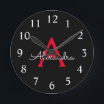 Red Black Script Girly Monogram Name<br><div class="desc">Red and Black Simple Script Monogram Name Clock. This makes the perfect sweet 16 birthday,  wedding,  bridal shower,  anniversary,  baby shower or bachelorette party gift for someone that loves glam luxury and chic styles.</div>