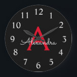 Red Black Script Girly Monogram Name<br><div class="desc">Red and Black Simple Script Monogram Name Clock. This makes the perfect sweet 16 birthday,  wedding,  bridal shower,  anniversary,  baby shower or bachelorette party gift for someone that loves glam luxury and chic styles.</div>