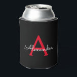 Red Black Script Girly Monogram Name Can Cooler<br><div class="desc">Black and Red Simple Script Elegant Birthday or Bachelorette Party Can Coolers. These Wedding,  Bridal Shower or Birthday Party Can Coolers can be customised to include your first name. Please contact the designer for customised matching items.</div>