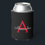 Red Black Script Girly Monogram Name Can Cooler<br><div class="desc">Black and Red Simple Script Elegant Birthday or Bachelorette Party Can Coolers. These Wedding,  Bridal Shower or Birthday Party Can Coolers can be customised to include your first name. Please contact the designer for customised matching items.</div>