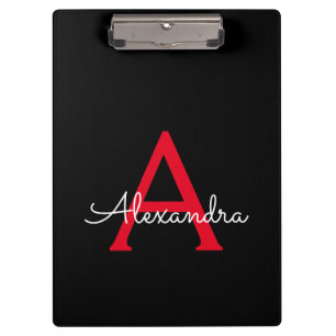 Red Black Script Girly Monogram Name Clipboard
