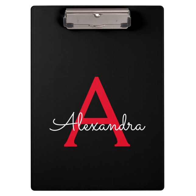 Red Black Script Girly Monogram Name Clipboard (Front)