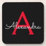 Red Black Script Girly Monogram Name Coaster<br><div class="desc">Black and Red Simple Script Monogram Name Paper Coasters. This makes the perfect graduation,  birthday,  wedding,  bridal shower,  anniversary,  baby shower or bachelorette party gift for someone that loves glam luxury and chic styles.</div>