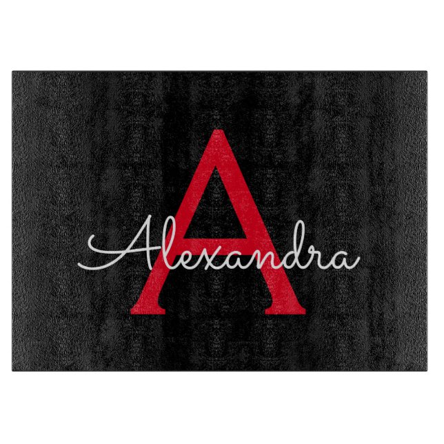 Red Black Script Girly Monogram Name Cutting Board (Front)