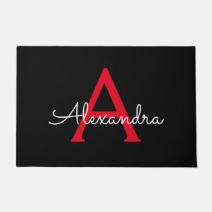 Red Black Script Girly Monogram Name Doormat