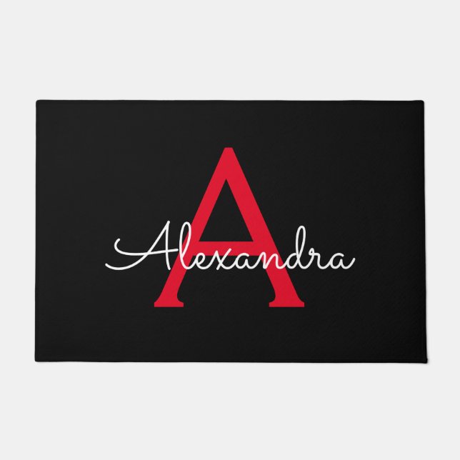 Red Black Script Girly Monogram Name Doormat (Front)