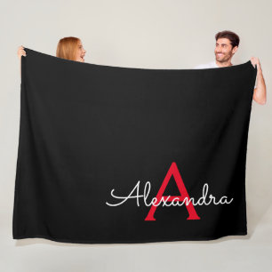 Red Black Script Girly Monogram Name Fleece Blanket