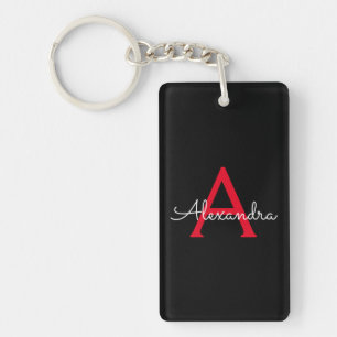 Red Black Script Girly Monogram Name Key Ring