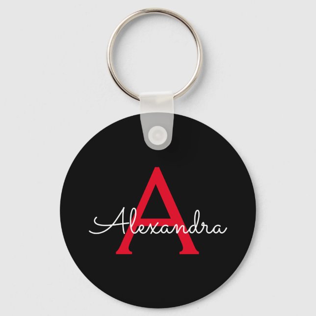 Red Black Script Girly Monogram Name Key Ring (Front)