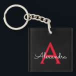 Red Black Script Girly Monogram Name Key Ring<br><div class="desc">Black and Red Simple Script Monogram Name Keychain. This makes the perfect sweet 16 birthday,  wedding,  bridal shower,  anniversary,  baby shower or bachelorette party gift for someone that loves glam luxury and chic styles.</div>
