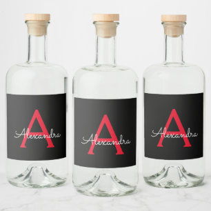 Red Black Script Girly Monogram Name Liquor Bottle Label