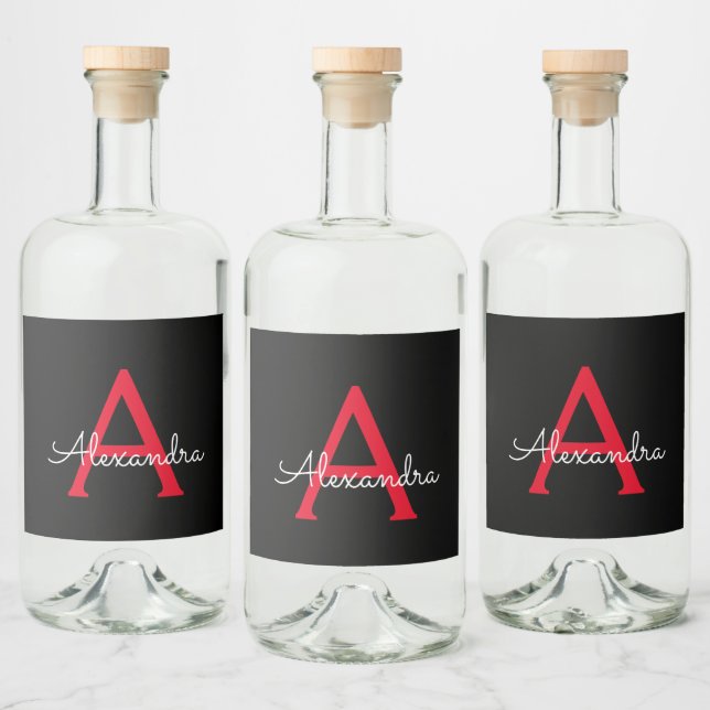 Red Black Script Girly Monogram Name Liquor Bottle Label (Bottles)