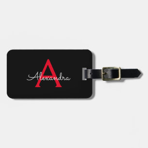 Red Black Script Girly Monogram Name Luggage Tag