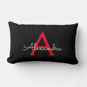 Red Black Script Girly Monogram Name Lumbar Cushion