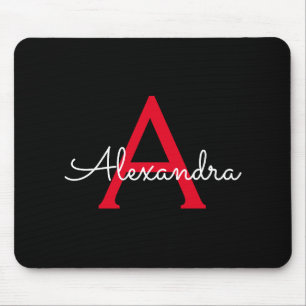 Red Black Script Girly Monogram Name Mouse Pad