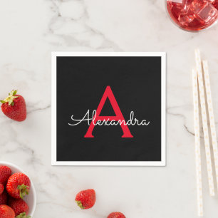 Red Black Script Girly Monogram Name Napkin