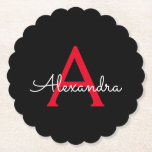 Red Black Script Girly Monogram Name Paper Coaster<br><div class="desc">Black and Red Simple Script Monogram Name Paper Coasters. This makes the perfect graduation,  birthday,  wedding,  bridal shower,  anniversary,  baby shower or bachelorette party gift for someone that loves glam luxury and chic styles.</div>