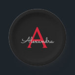 Red Black Script Girly Monogram Name Paper Plate<br><div class="desc">Red and Black Monogram Add Your Own Name Script Party Plates. This makes the perfect sweet 16 birthday,  wedding,  bridal shower,  anniversary,  baby shower or bachelorette party gift for someone that loves glam luxury and chic styles.</div>