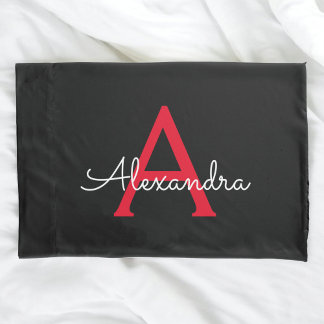 Red Black Script Girly Monogram Name Pillowcase