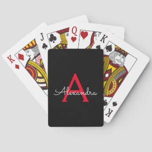 Red Black Script Girly Monogram Name Playing Cards