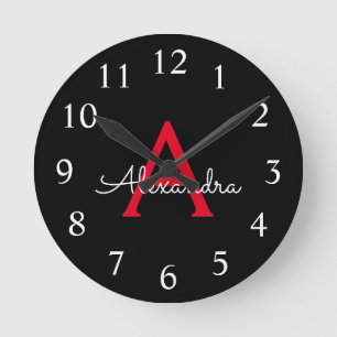 Red Black Script Girly Monogram Name Round Clock