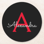 Red Black Script Girly Monogram Name Round Paper Coaster<br><div class="desc">Black and Red Simple Script Monogram Name Paper Coasters. This makes the perfect graduation,  birthday,  wedding,  bridal shower,  anniversary,  baby shower or bachelorette party gift for someone that loves glam luxury and chic styles.</div>