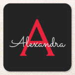 Red Black Script Girly Monogram Name Square Paper Coaster<br><div class="desc">Black and Red Simple Script Monogram Name Paper Coasters. This makes the perfect graduation,  birthday,  wedding,  bridal shower,  anniversary,  baby shower or bachelorette party gift for someone that loves glam luxury and chic styles.</div>