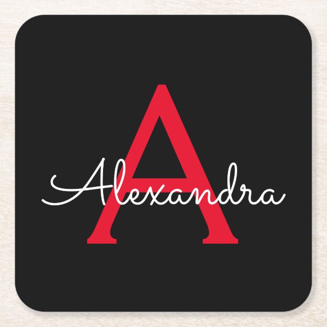 Red Black Script Girly Monogram Name Square Paper Coaster (Front)