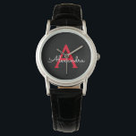 Red Black Script Girly Monogram Name Watch<br><div class="desc">Black and Red Simple Script Monogram Name Watch. This makes the perfect graduation,  birthday,  wedding,  bridal shower,  anniversary,  baby shower or bachelorette party gift for someone that loves glam luxury and chic styles.</div>
