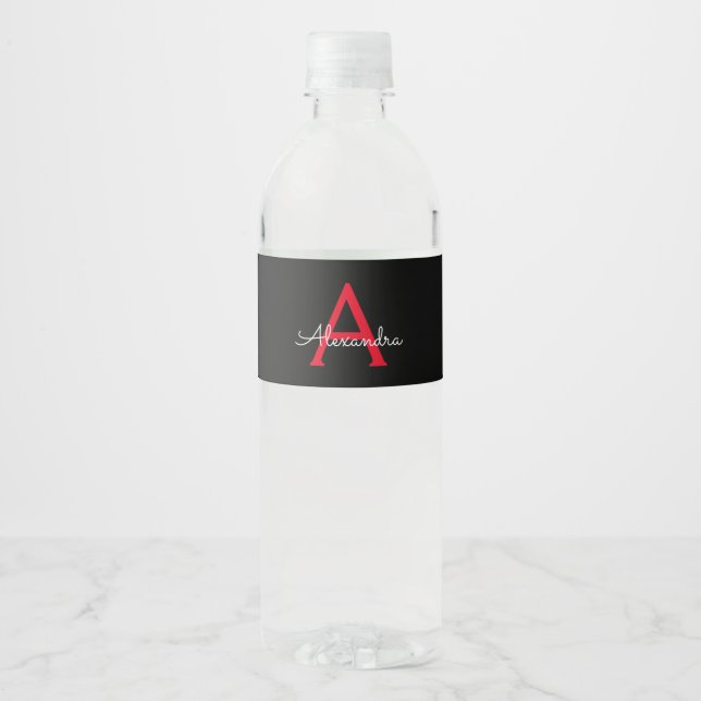 Red Black Script Girly Monogram Name Water Bottle Label (Front)