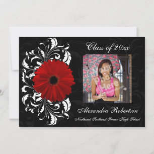 Red/Black Scroll Gerbera Daisy Graduation Invitation