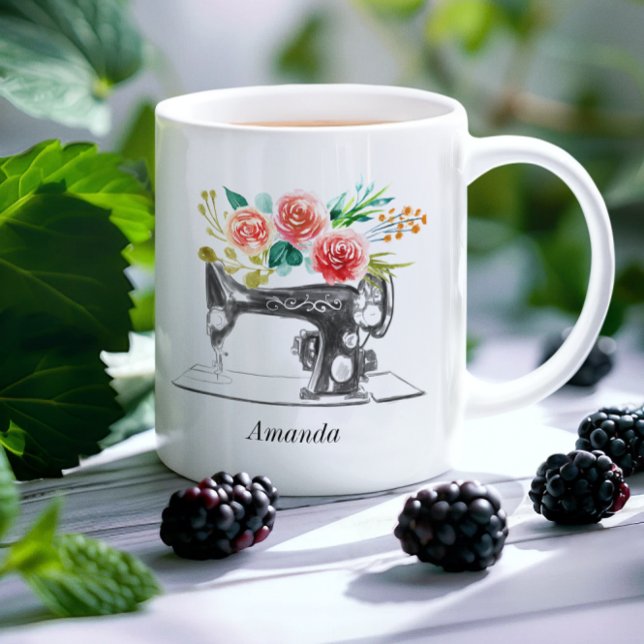Red Black Sewing Machine Quote Floral Creative Coffee Mug (Creator Uploaded)