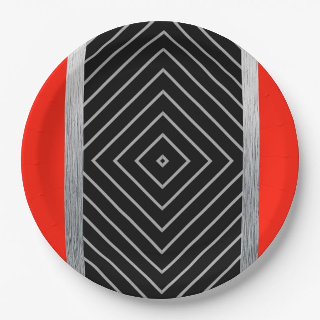 Red, black, silver and white stripes paper plates (Front)