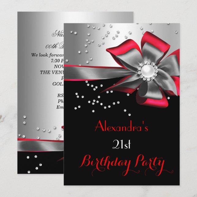 Red Black Silver Bow Pearl Birthday Party Invitation (Front/Back)