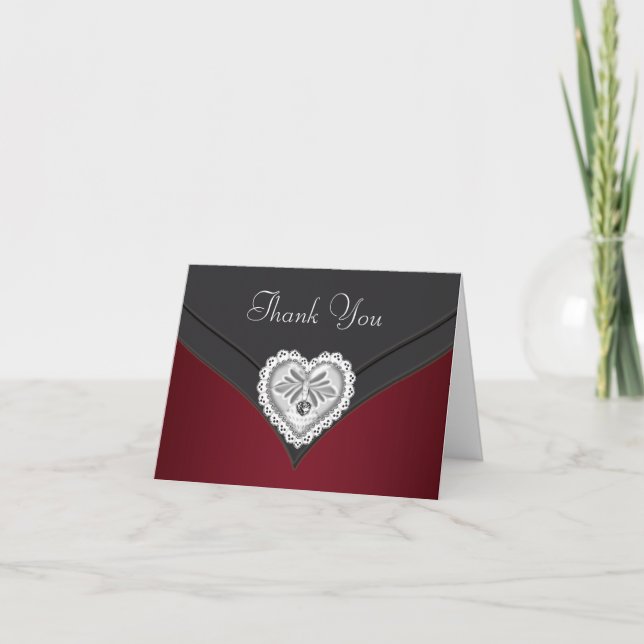 Red Black Silver Diamond Heart Thank You Cards (Front)