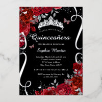 Red Black Silver Floral Butterfly Quinceanera 