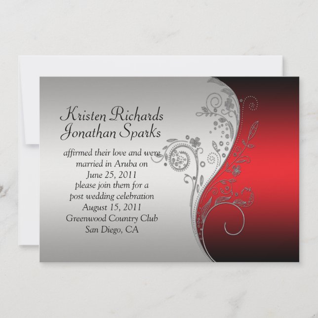 Red Black Silver Floral Swirls Post Wedding Invitation (Front)