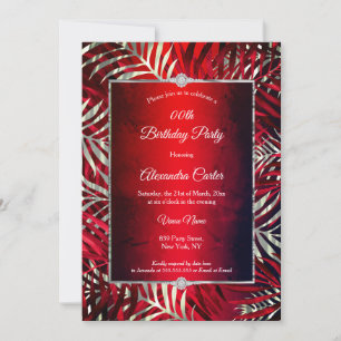 Red Black Silver Grey Palm Diamond Birthday Party Invitation
